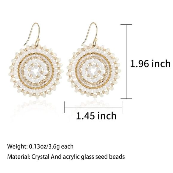 White and Gold Beaded Crystal Round Disc Boho Statement Dangling Hook Earrings - Picture 6 of 6